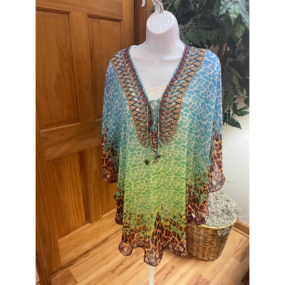 Kristals Tunic Ponch with Lace Tie, Animal Print, Size XL